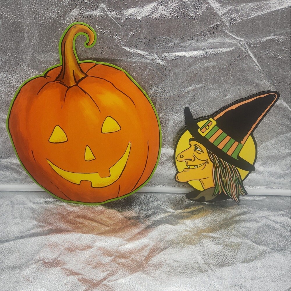Die Cut Witch Head With Moon Beistle Double Sided 70s And Pumpkin VTG Halloween